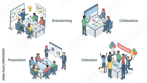 Isometric business teamwork set. Office meeting scenes. Brainstorming ideas. Corporate collaboration. Project presentation. Success celebration. Diverse employee group workflow.
