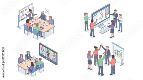 Isometric business teamwork set. Corporate office scenes. Strategy meeting whiteboard. Startup rocket launch. Video conference remote work. Success high five. Management concept.
