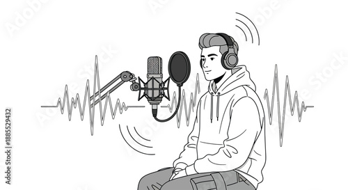 Man Recording Voiceover with Microphone and Headphones, Sound Waves