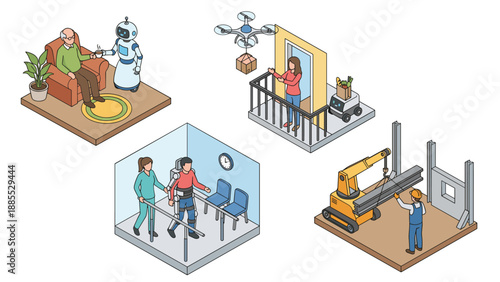Isometric robots assisting humans set. AI automation concepts. Smart technology help. Elderly care bot, delivery drone, exoskeleton rehab, construction aid. Future tech innovation