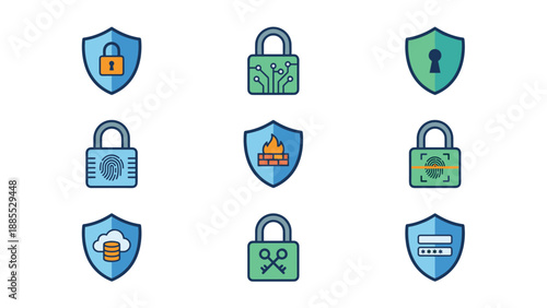Cybersecurity icon set. Digital protection shield lock symbols. Biometric fingerprint authentication firewall database cloud security password encryption technology safety vector illustration
