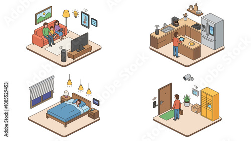 Smart home automation isometric set. Modern house technology. IoT devices. Living room kitchen bedroom security. Digital lifestyle. Wireless network. Smart system. Connected home.