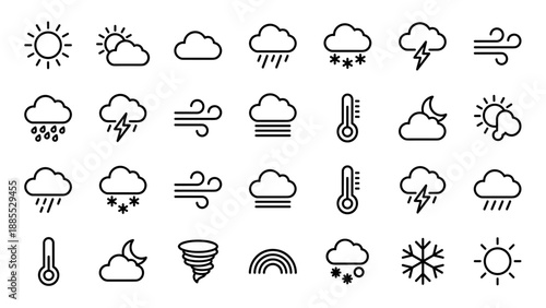Weather forecast line icons set. Meteorology symbols. Sun cloud rain snow wind storm thermometer. Minimalist outline. Climate elements. Simple stroke pictograms for UI app web.