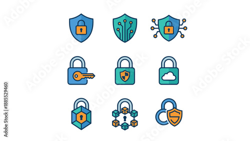 Cybersecurity icons set. Digital protection shield. Network safety lock. Data privacy. Tech defense. Secure internet. Web guard. Geometric line art. Cloud security. Blockchain safe.
