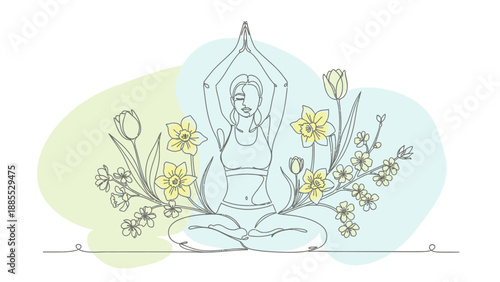 Woman Meditating in Lotus Position with Flowers.