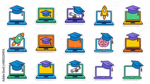 E-learning online education icons set graduation cap laptop computer stickers digital learning distance education technology academic achievement vector illustration collection