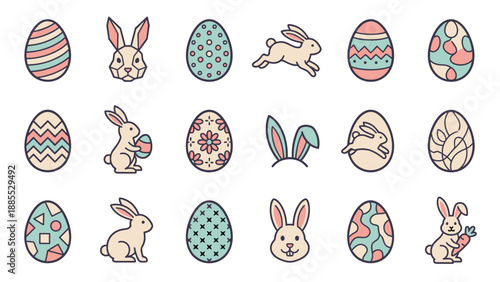Easter icons set. Cute bunnies and decorated eggs vector collection. Spring holiday symbols. Flat geometric style rabbits and patterned egg designs. Seasonal celebration clipart.