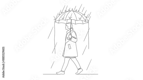 Woman Walking with Umbrella in Rain.