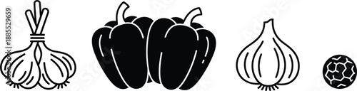 Black vegetable icons set featuring garlic bell pepper onion and spice silhouettes for cooking food packaging design