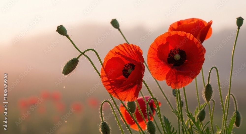 Naklejka premium Red Poppies Field Sunrise Macro