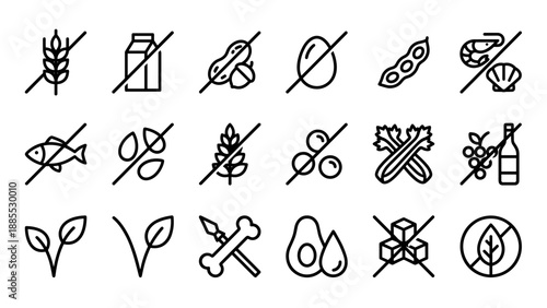 Food allergens, dietary restriction outline icons set. Gluten, dairy, sugar, nut free symbols. Vegan packaging labels. Ingredient warning signs. Healthy eating intolerance vector.