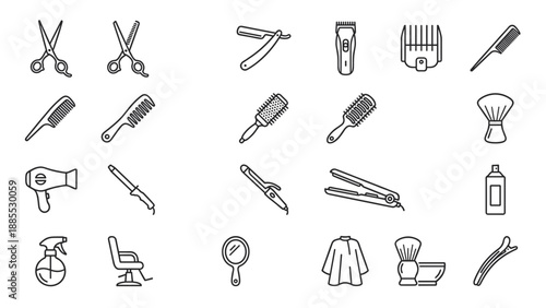 Hair salon and barber shop tools vector icon set. Thin line stroke style symbols. Professional hairdressing equipment collection. Scissors, comb, razor, hairdryer. Stylist accessories outline.