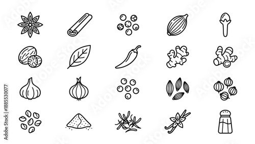 Spices and Condiments Line Icon Set. Cooking Ingredients Thin Outline Collection. Star Anise Cinnamon Ginger Garlic Chili Pepper Cardamom Nutmeg Bay Leaf Herbs Vector