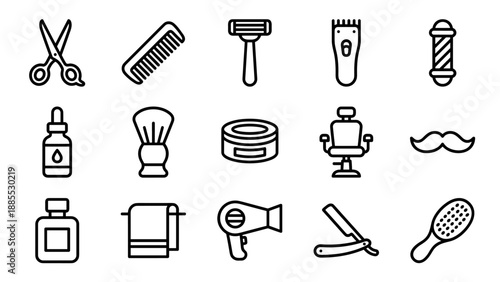 Barber shop line icons set. Men grooming salon equipment. Haircut tools. Shaving razor scissors comb chair pole brush. Beard care symbols. Minimalist outline vector illustration.