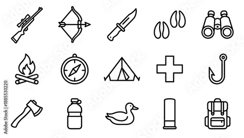 Hunting and outdoor survival line icons set. Camping adventure equipment symbols. Wilderness gear vector. Rifle bow knife tent fire compass. Hiking scouting elements. Minimalist sign