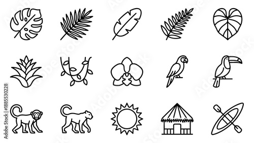 Tropical jungle line icons set. Vector exotic summer nature symbols. Minimalist botanical leaves, wild animals. Palm, monstera, toucan, monkey. Black outline stroke graphic collection