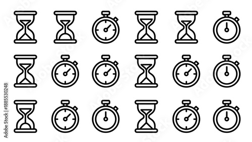 Set of hourglass and stopwatch line icons. Minimalist vector style. Time management concept. Clock symbol. Uniform stroke width. Organized grid layout. Sandglass timer. Watch. Chronometer