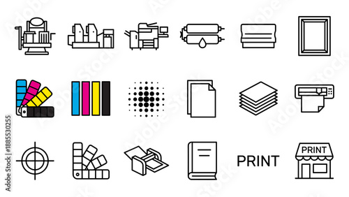 Printing press and polygraphy line icons set. CMYK color palette, digital printer, offset machine. Print shop service vector. Publishing production equipment. Ink paper design.