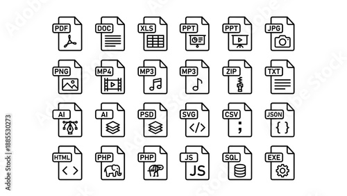 File type icons set. Document format symbols. Line vector illustration. PDF DOC XLS PPT JPG ZIP AI PSD SVG HTML SQL. Digital extension. Web interface. Minimalist outline. Multimedia.