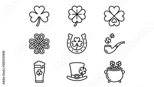 St Patricks Day icon set vector outline. Irish holiday symbols shamrock, clover, leprechaun hat, pot of gold, horseshoe, beer. Linear line art style. March celebration luck concept.