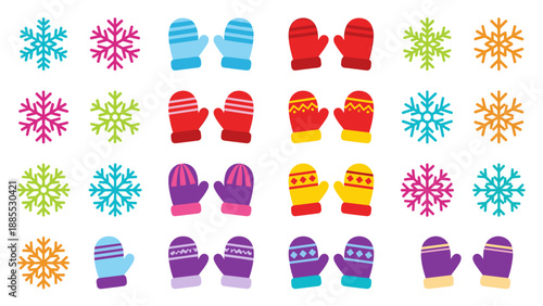 Winter snowflakes and mittens vector icon set. Colorful flat style gloves and snow crystals. Christmas holiday decoration. Cold weather accessories. Knitted warm wear. Xmas.