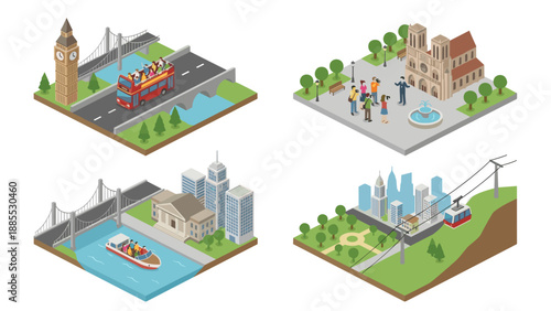Isometric city sightseeing set with famous landmarks, bridge and river cruise, double decker bus tour, cathedral square tourists, cable car over park, travel icons white