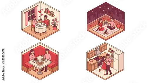 Isometric vector set of romantic couple dinner dates for Valentines Day, four cozy scenes: wine toast at home, rooftop picnic at night, restaurant booth meal, kitchen dance