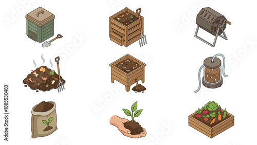 Isometric compost icons set. Organic waste recycling bin. Garden soil fertilizer. Eco friendly agriculture. Vermicomposting worms. Sustainable farming vector. Green plant growth.