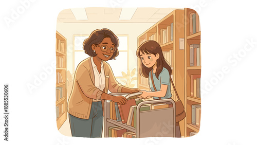 Set of 4 librarian scenes in modern library: helping patron choose books, organizing shelves, checkout counter service, and book cart. Warm flat vector illustration
