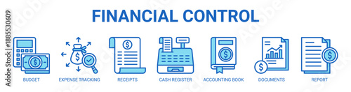 Financial Control web banner icon vector illustration concept with icon of budget, expense tracking, receipts, cash register, accounting book, financial documents, and financial report.