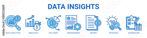 Data Insights web banner icon vector illustration concept with icon of data analytics, analytics, pie chart, management report, financial report, research, and scheduling.
