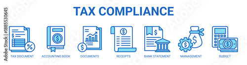 Tax Compliance web banner icon vector illustration concept with icon of tax document, accounting book, financial documents, receipts, bank statement, financial management, and budget.