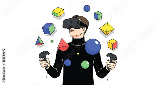 Man in VR headset with floating geometric shapes and controllers, future technology concept