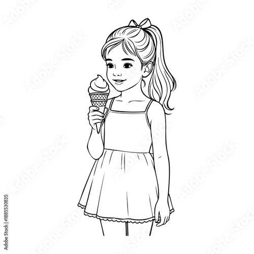 Dibujo sencillo de una niña de pie comiendo un cucurucho de helado con líneas 