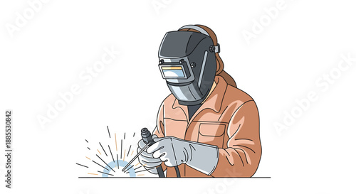 Welder Woman Wearing Mask and Gloves Mig Welds Metal, Sparks Flying, White Background