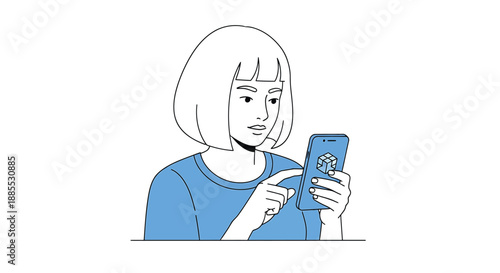 Young Woman Using Smartphone with PopSocket, Focused Expression, Line Art Illustration