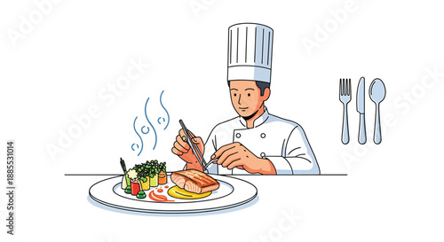 Chef Preparing Exquisite Gourmet Dish with Salmon and Vegetables, Food Presentation
