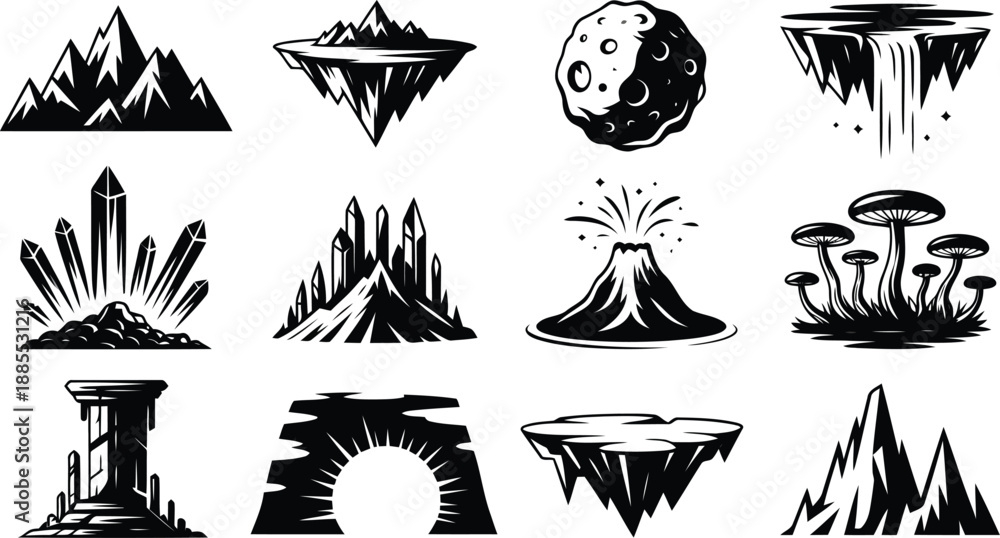 Fototapeta premium Diverse collection of mythical black silhouette landscape icons including mountains, floating islands, volcanoes, and ancient structures