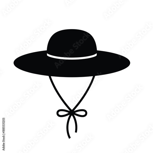 Black silhouette of a wide-brimmed sun hat with a chin strap tied in a bow, isolated on white background.