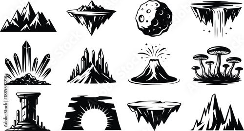 Diverse collection of mythical black silhouette landscape icons including mountains, floating islands, volcanoes, and ancient structures