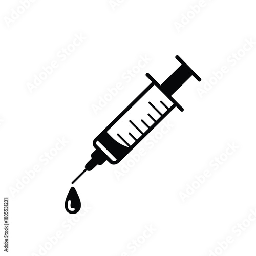 Black silhouette of a medical syringe with a single drop of liquid hanging from the needle tip, isolated on a white background.
