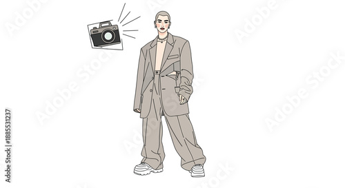 Fashion Model Posing in Oversized Suit with Camera Flash - Trendy Style