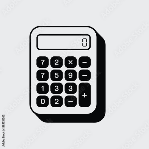 Simple black and white icon of a digital calculator with a display showing zero and number buttons for basic arithmetic operations.