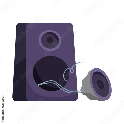 Damaged electronic speaker with loose wires and detached part on white isolated background vector illustration