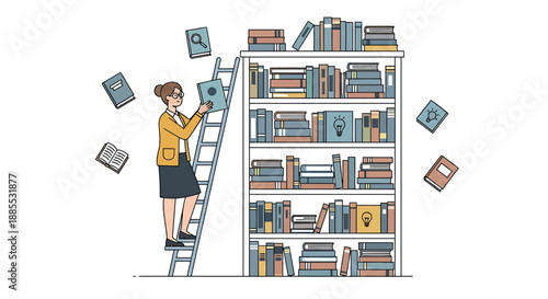 Woman on Ladder Reaching for Book in Library Shelf, Knowledge and Education Concept