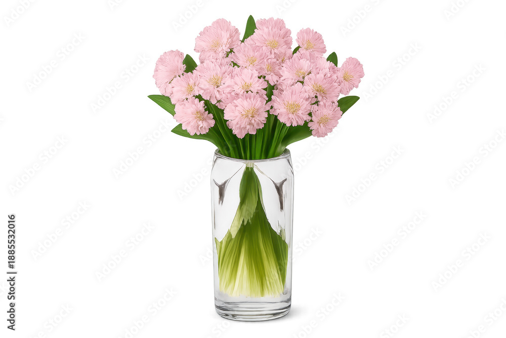 Obraz premium Pink flowers blooming in glass vase on transparent background