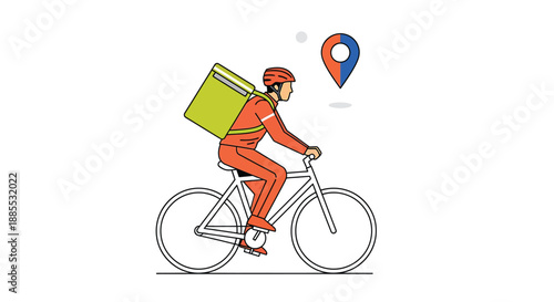 Food Delivery Courier Riding Bicycle with Location Pin, Fast Service Concept
