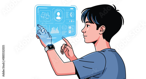 Teenager Interacting with Futuristic Holographic Interface on Smartwatch