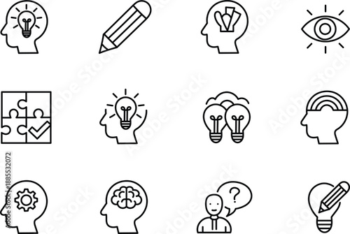 Hand drawn creative idea and brainstorming outline icon set with innovation and thinking symbols