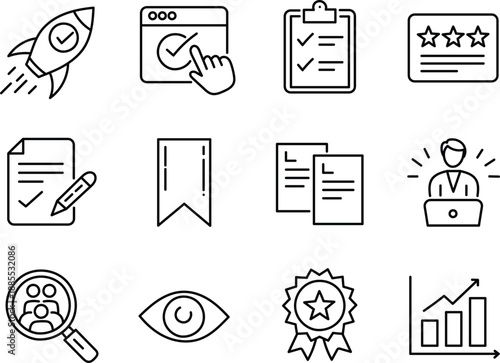 Hand drawn business startup and marketing outline icon set with analytics, documents, growth symbols